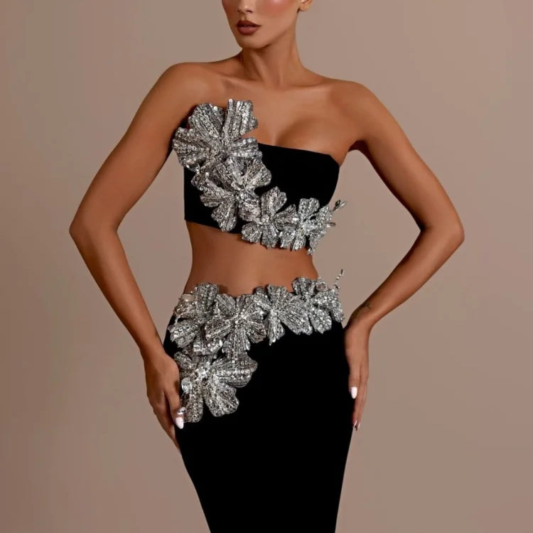 2024 Luxury Dazzling Diamond Flowers Short Strapless Top And Ankle Length Skirt 2 Pieces Woman Set Celebrity Party Vestido black
