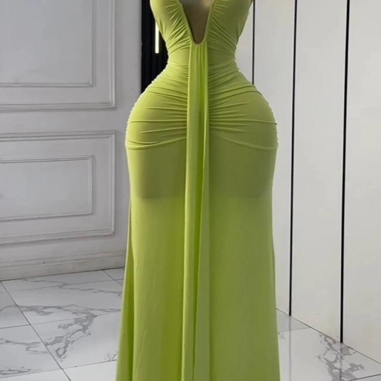 Women Halter V-neck Stacked Ruched Backless Bodycon Midi Maxi Long Dress 2025 Vacation Birthday Sexy Party Club Dresses