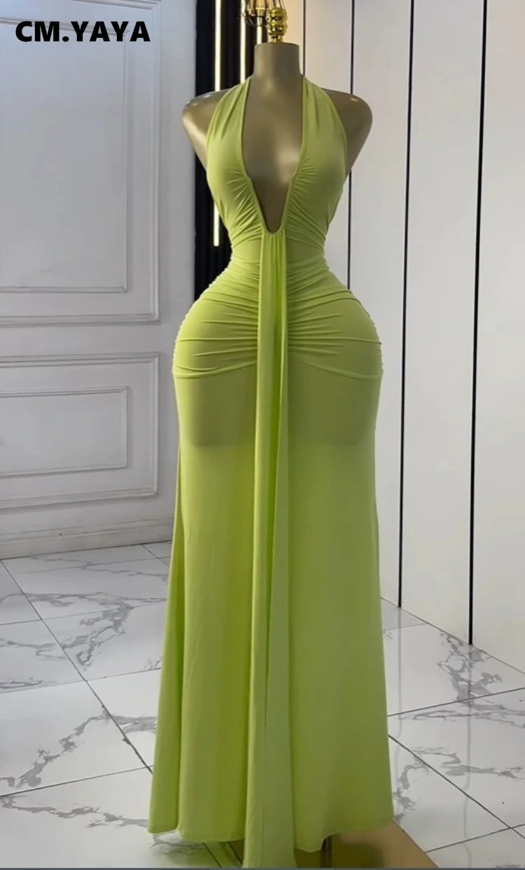 Women Halter V-neck Stacked Ruched Backless Bodycon Midi Maxi Long Dress 2025 Vacation Birthday Sexy Party Club Dresses