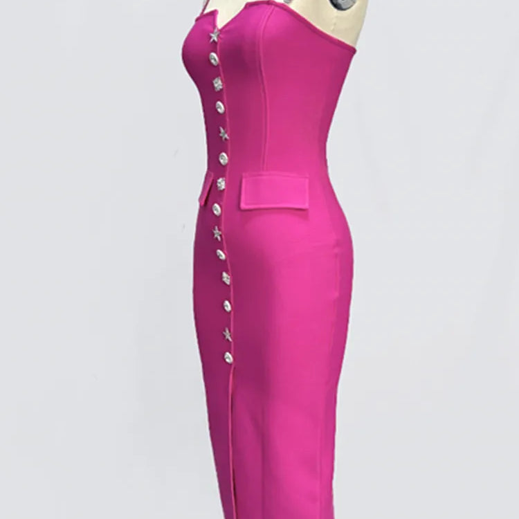 Women Celebrity Sexy V Neck Backless Button Hot Pink Midi Bodycon Bandage Dress 2024 Elegant Evening Club Party Outfit
