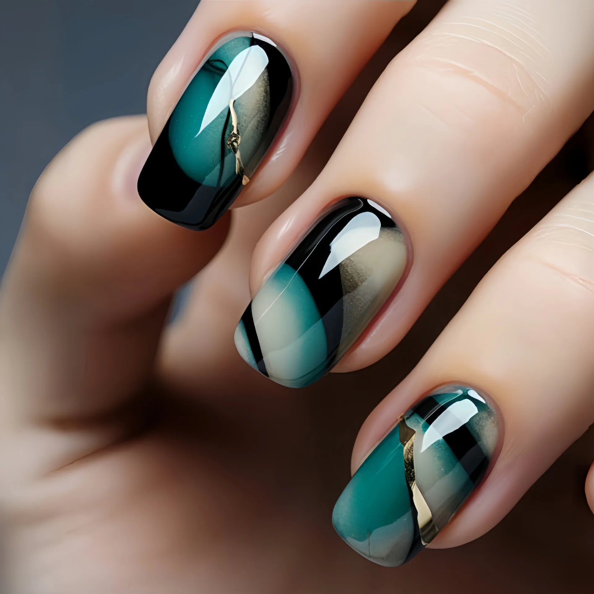 24Pcs Lightning Stripe Smudging Press on Fake Nails Mid-length Square Head False Nails Green Wearable Fashion Full Nail Art Tips 26