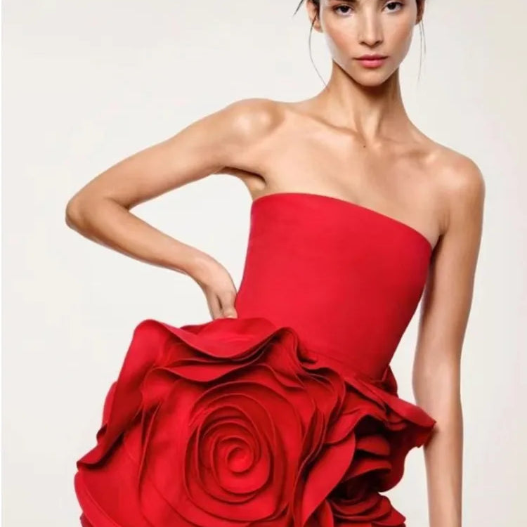 2024 New Spring Women Sexy Strapless Big Flowers Bodycon Mini Dress Cute Celebrity Birthday Party Girls' Homecoming Dress Red