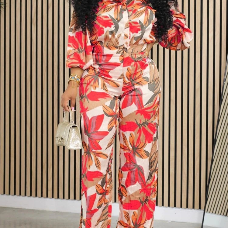 Plus Size Summer Flower Floral 2 Two Piece Set Women Bodycon Fashion Ladies Blouses Casual Loose High Waist Woman Wide Leg Pant