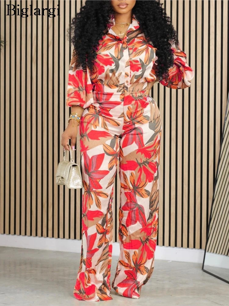 Plus Size Summer Flower Floral 2 Two Piece Set Women Bodycon Fashion Ladies Blouses Casual Loose High Waist Woman Wide Leg Pant