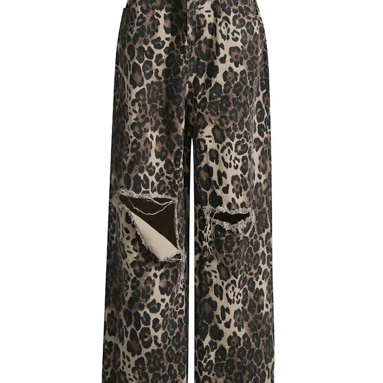 Colorblock Leopard Hollow Out Denim Pants For Women High Waist Spliced Pocket Wide Leg Jeans Female Fashion New