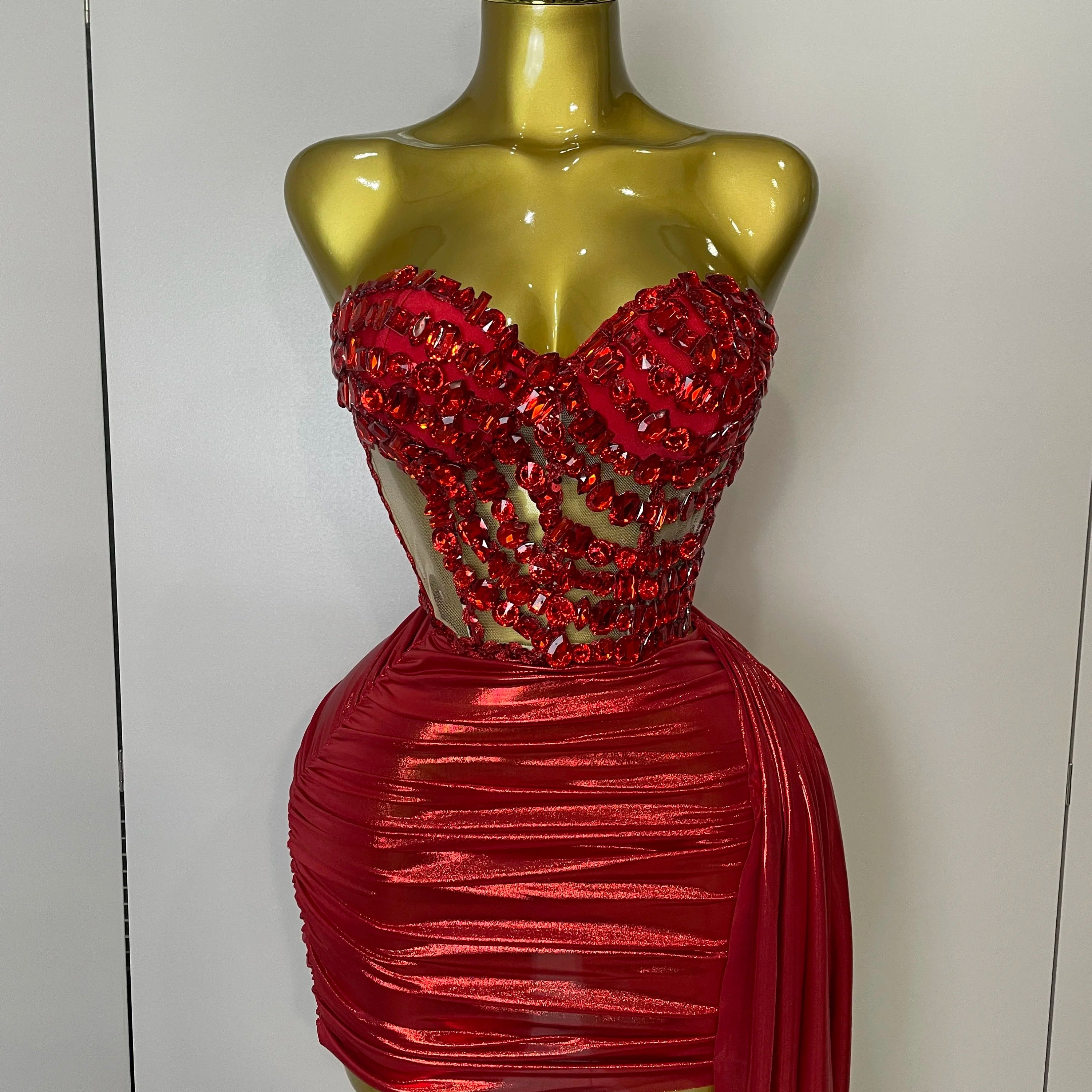 Sparkly Red Diamonds Two Piece Set Sexy Strapless Backless Women Outfit Evening Party Nightclub Stage Performance Dance Costume Red