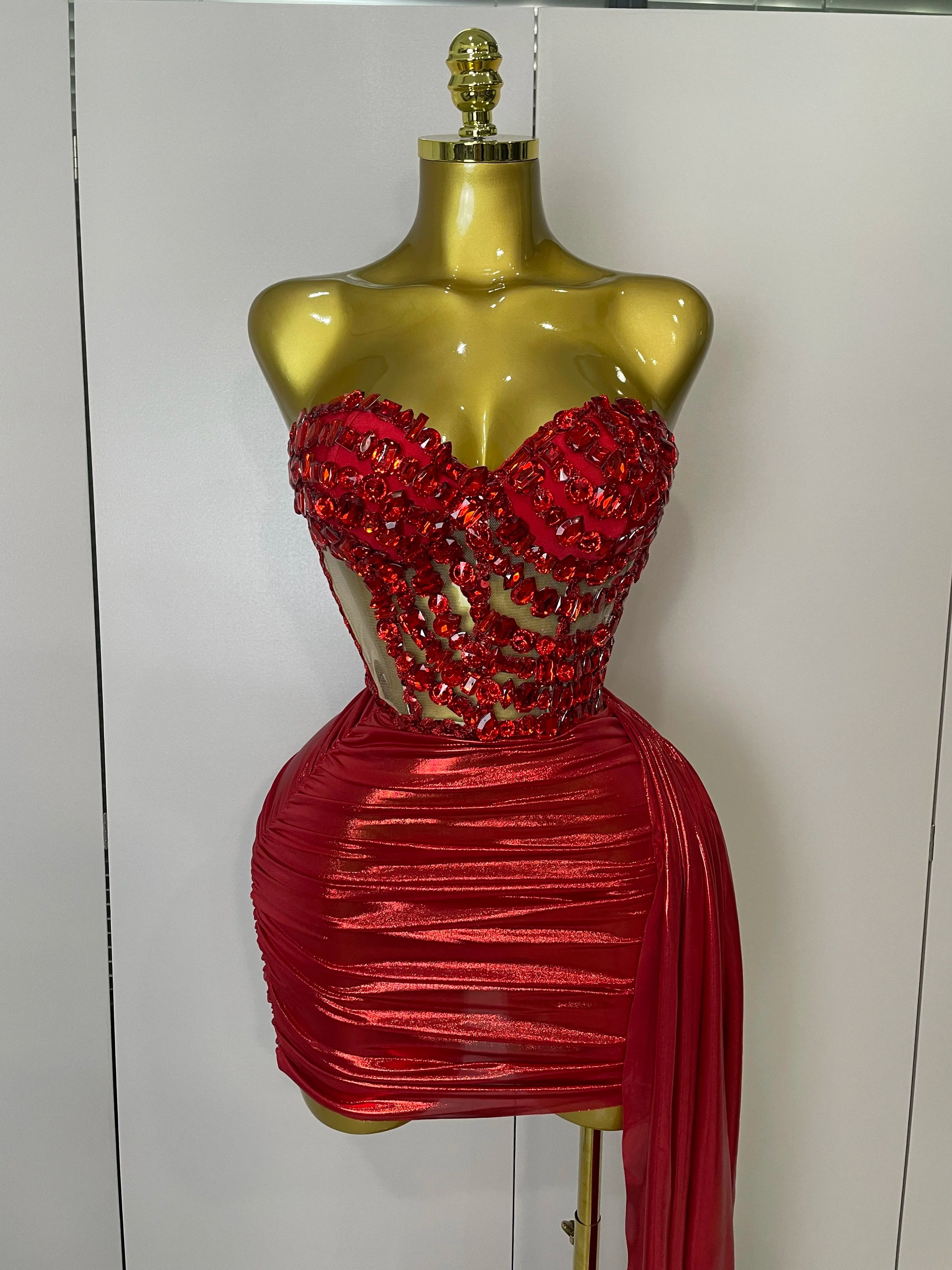 Sparkly Red Diamonds Two Piece Set Sexy Strapless Backless Women Outfit Evening Party Nightclub Stage Performance Dance Costume Red