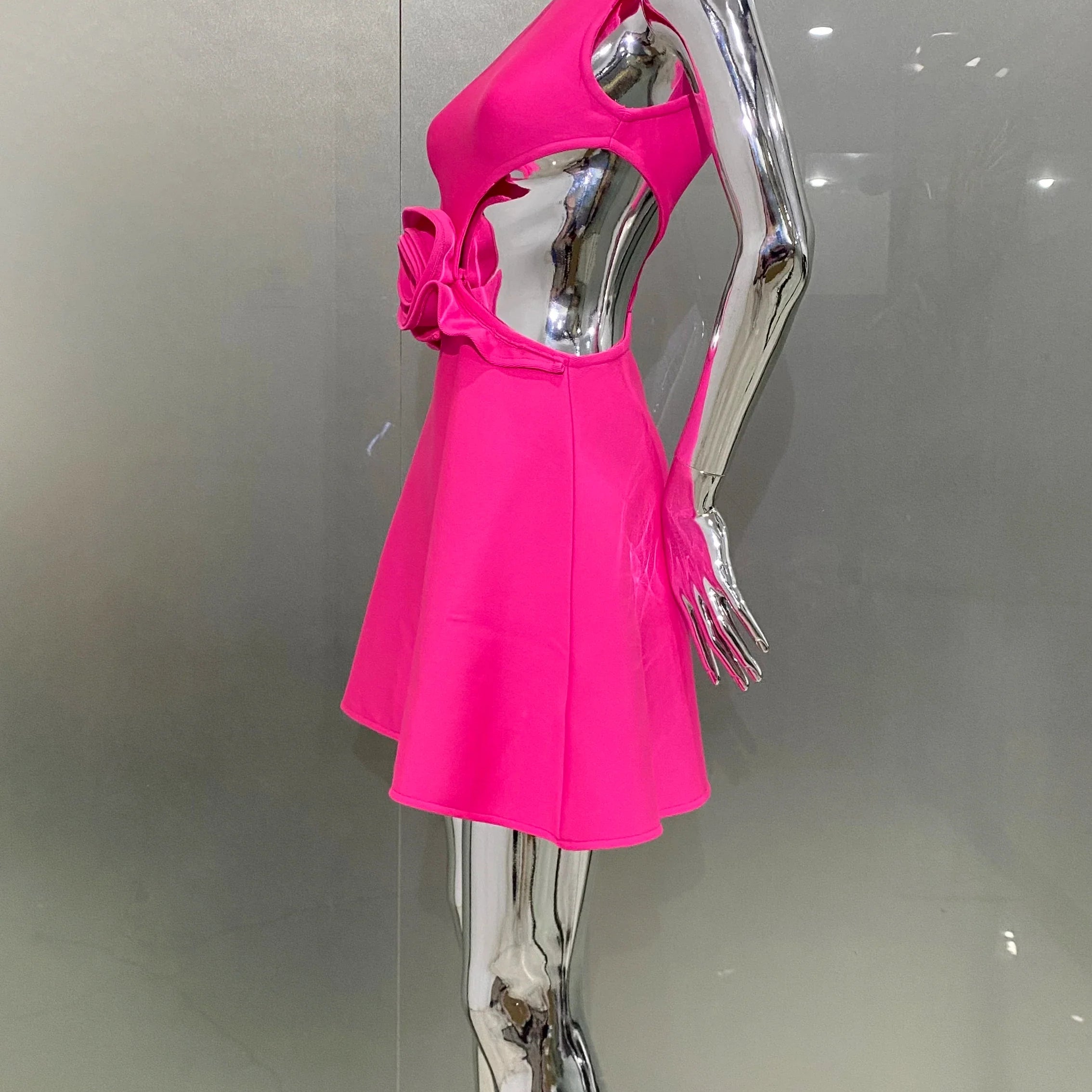 Rosered Color Women Sleeveless Sexy Waist Hollow Out Florals A-Line Bandage Mini Dress Fashion Birthday Cocktail Party Dress