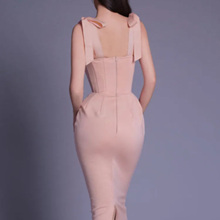 New Chic Women Summer Sexy Backless Split White Beige Midi Bodycon Bandage Dress 2023 Elegant Evening Party Dress Vestido