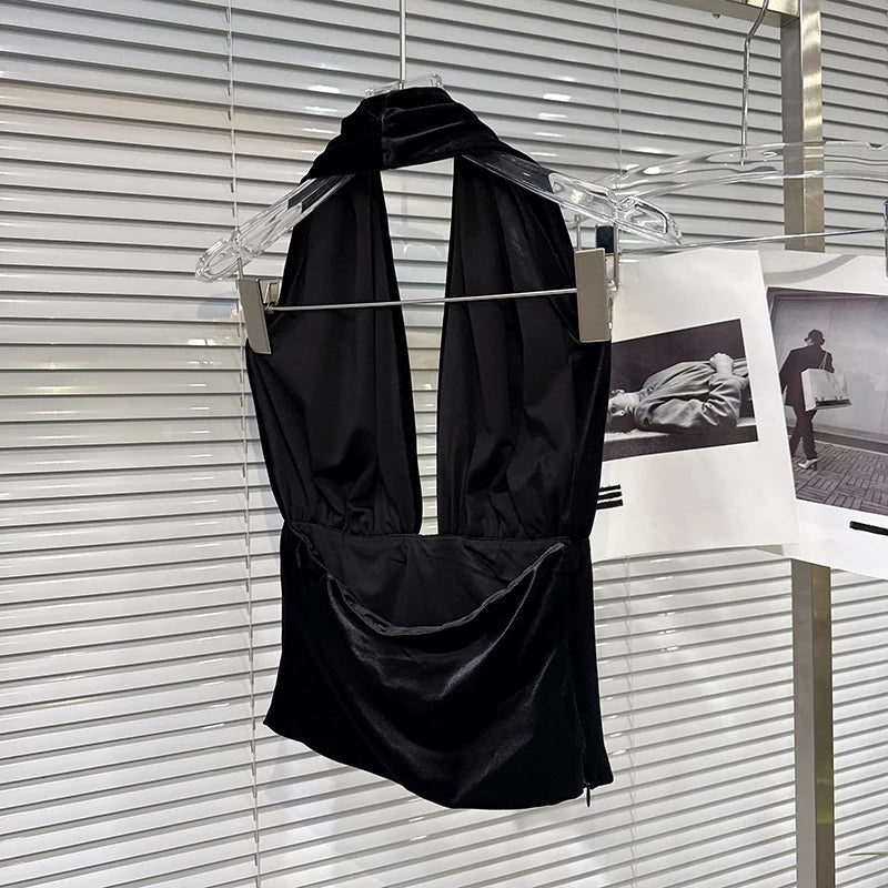 Winter New Fashion Backless Velvet Halter Backless Vest For Women Double-Breasted Short Pants Female Trend 11A07681