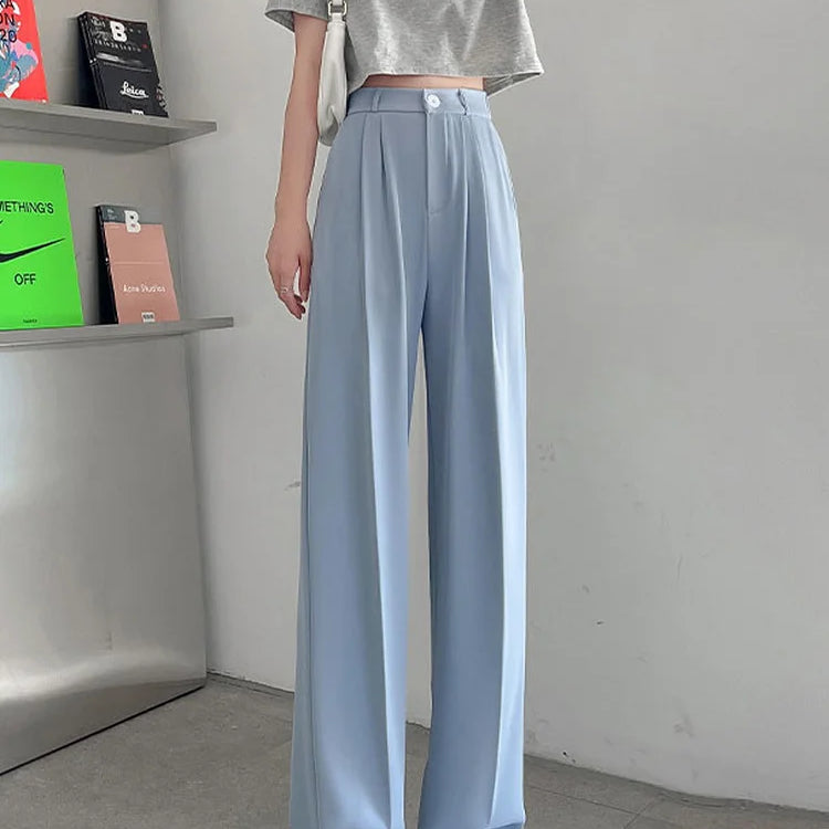 Summer Ice Silk Wide Trousers for Women Loose White Thin Straight Pants Elegant Office Women Baggy Stacked Pants Sweatpants Blue