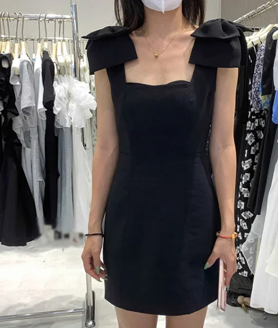 French New Female Sexy Bow Above Knee Suspender Dress Women's Summer Fashion Elegant Sleeveless A- Line High Waist Dress black