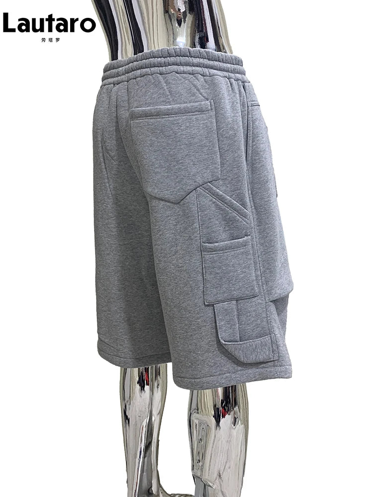 Nerazzurri Summer Autumn Loose Casual Soft Grey Shorts for Men Drawstring Elastic Waist Pockets Knee Length Sweatpants Clothes