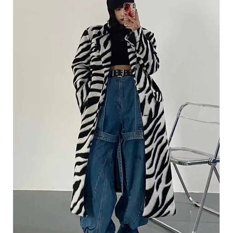 Women Wool Coat Temperament Zebra Pattern Full Sleeve Winter Jacket All Match Outwear Loose Long Overcoat Autum