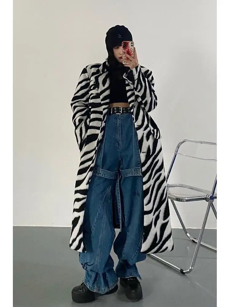 Women Wool Coat Temperament Zebra Pattern Full Sleeve Winter Jacket All Match Outwear Loose Long Overcoat Autum