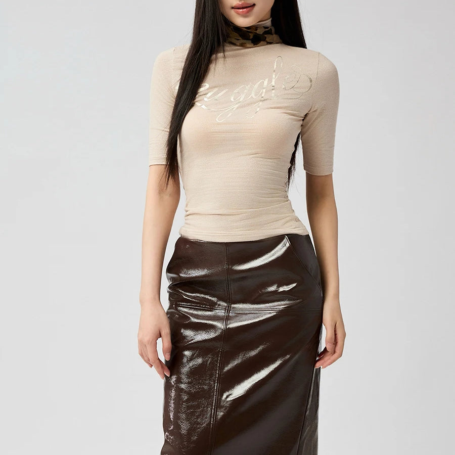 Lautaro Spring Autumn Shiny Reflective Brown Pu Leather Pencil Skirt Women with Back Slit High Waist Luxury Chic Clothes 2025 Dark Brown