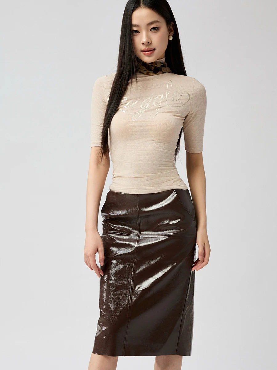 Lautaro Spring Autumn Shiny Reflective Brown Pu Leather Pencil Skirt Women with Back Slit High Waist Luxury Chic Clothes 2025 Dark Brown