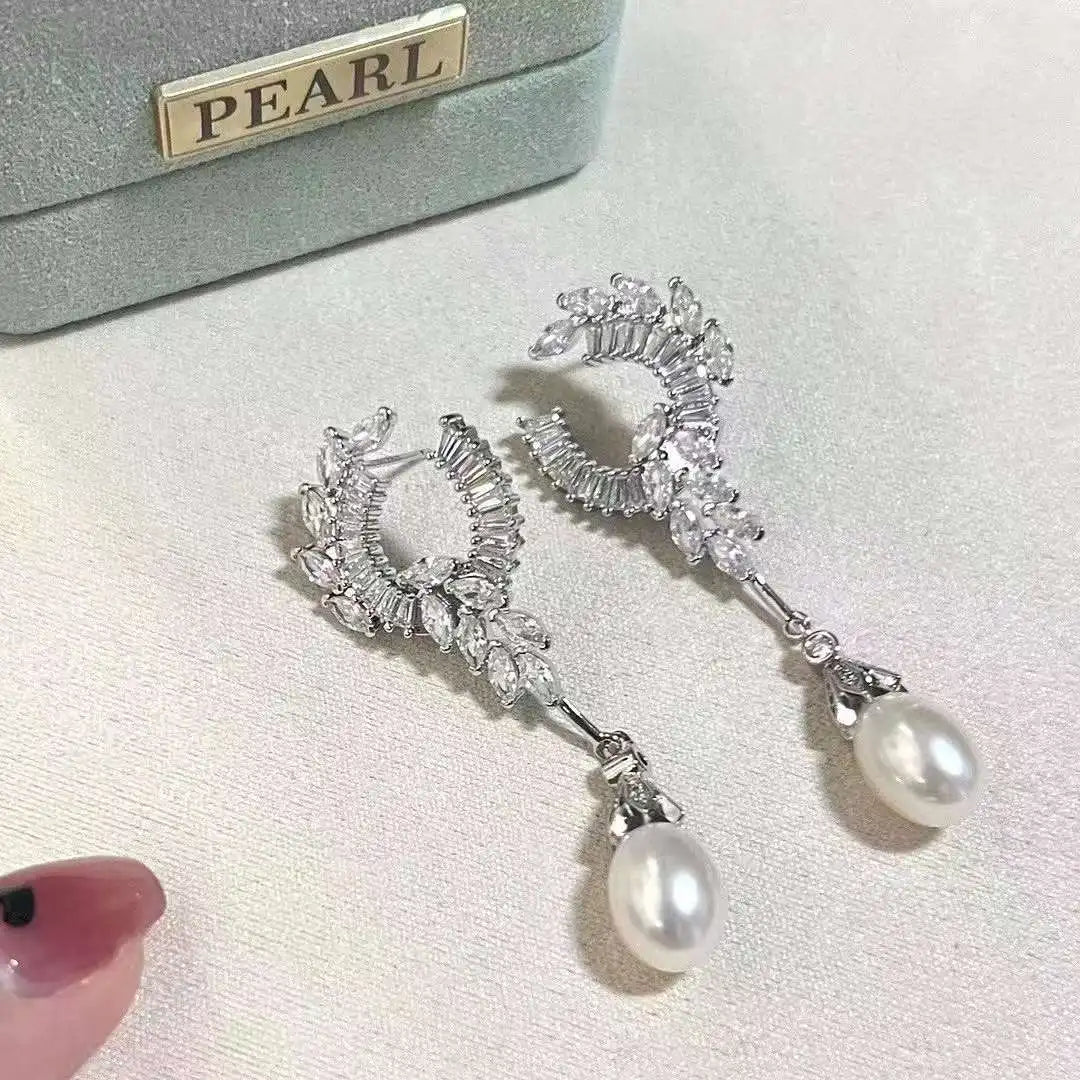N Crown Princess with 925 Sterling Silver Plated Angel Wings 9-10MM Natural Freshwater Pearl Drop Earrings