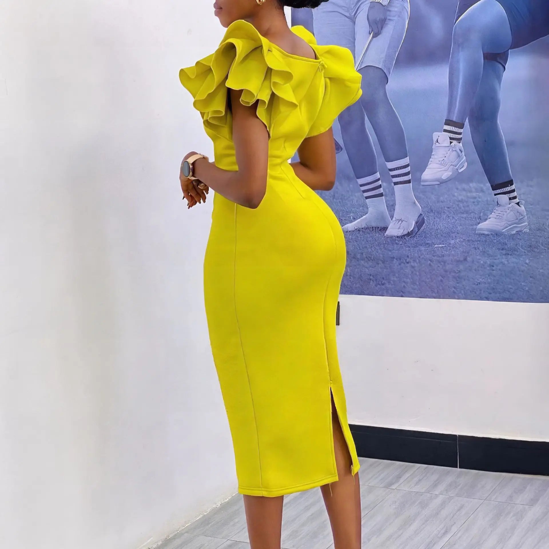 Women Ruffles Short Sleeve Square Collar Knee Length Dress Street Vestidos Sexy Night Club Party Evening Chic Dresses