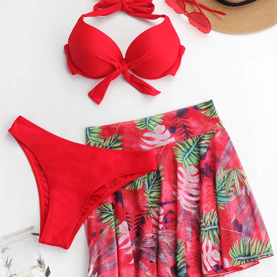3 Piece Tropical Bikini Halter Push Up Swimsuit & Beach Shirt Swimwear Women Bathers Bathing Swimming Suit Female Beachwear