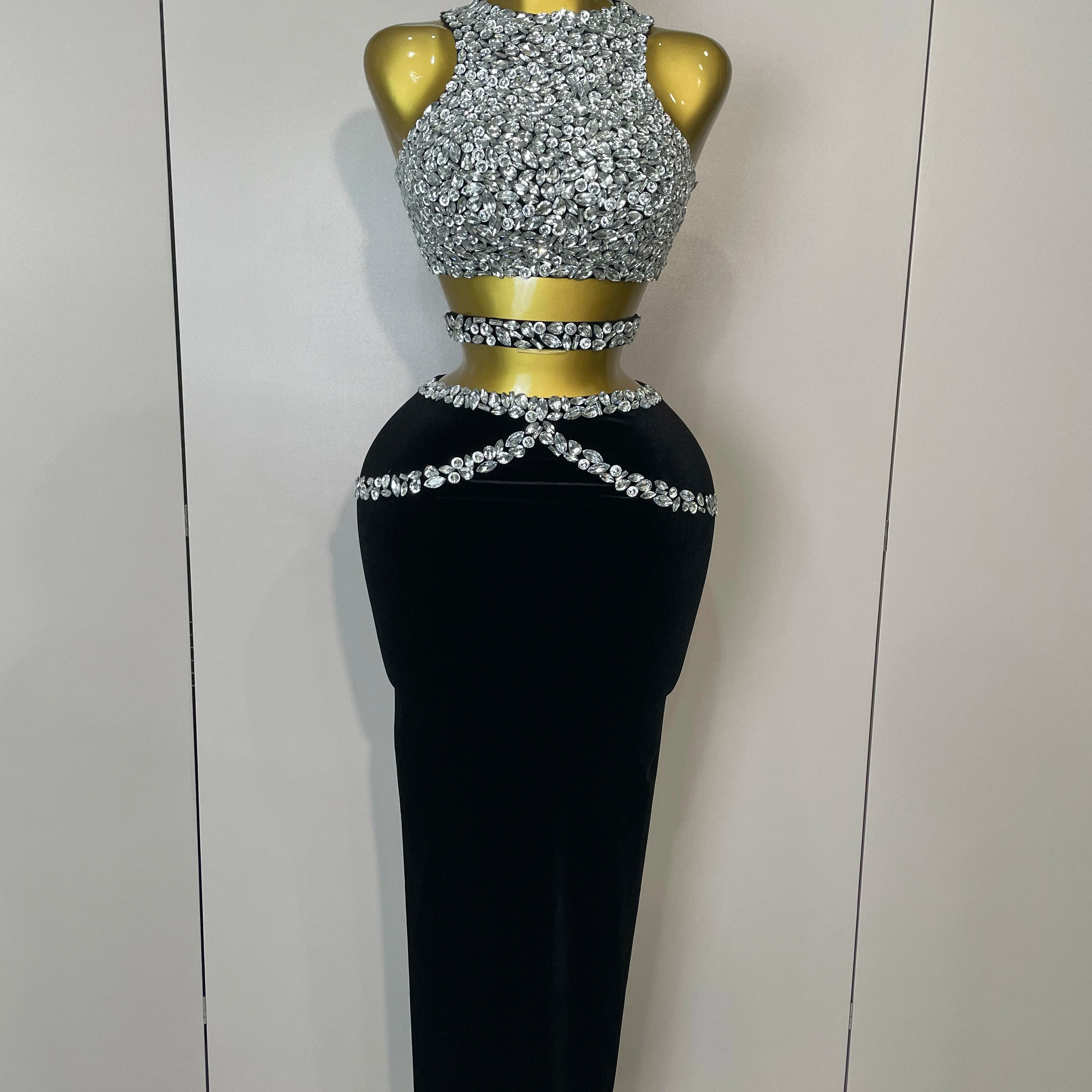 STOCK 2025 Women Sparkly Rhinestone Two-piece Set Sexy Velvet Singer Nightclub Outfit Celebrate Birthday Elegant Party Dresses black