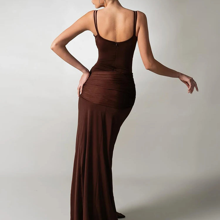 Chocolate Brown Strappy Sleeveless Draped Dress with High Slit & Cutout Detail for Formal Dinner Party Gown