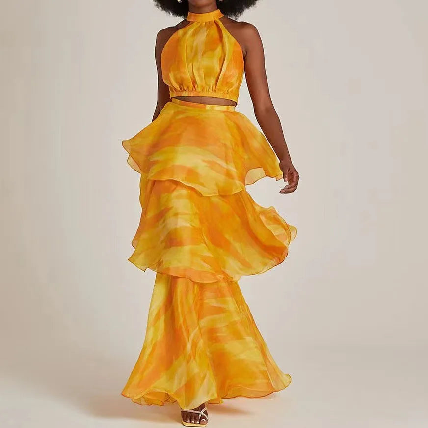 Women Dress Sleeveless Printed Vest Long Ruffles 2024 Summer Beach Sexy Night Party Dresses Outfits Yellow