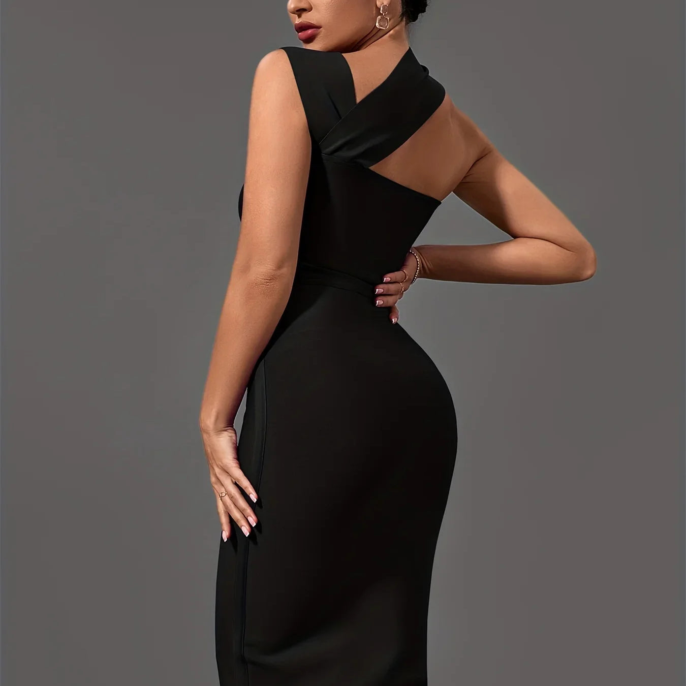 Black Bandage Dress Women Midi Party Dress Bodycon Elegant Halter Neck Sexy Cut Out Birthday Evening Club Outfits Summer