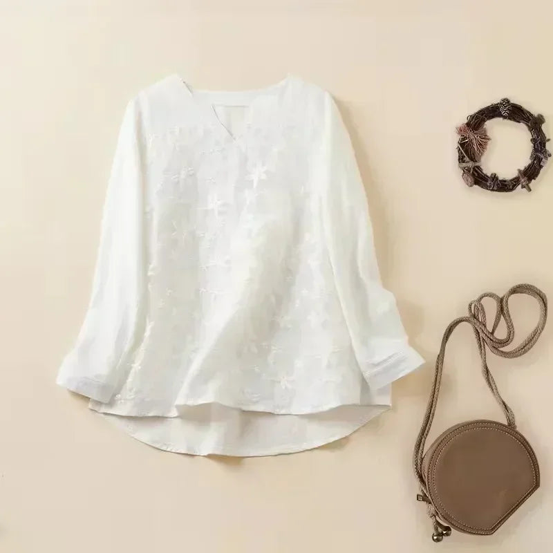 2024 Summer Autumn Hot Blouse Women Lace Long Sleeve Tops V Neck Embroidery Loose Plus Size S-5XL Elegant Shirt Blusas Female White