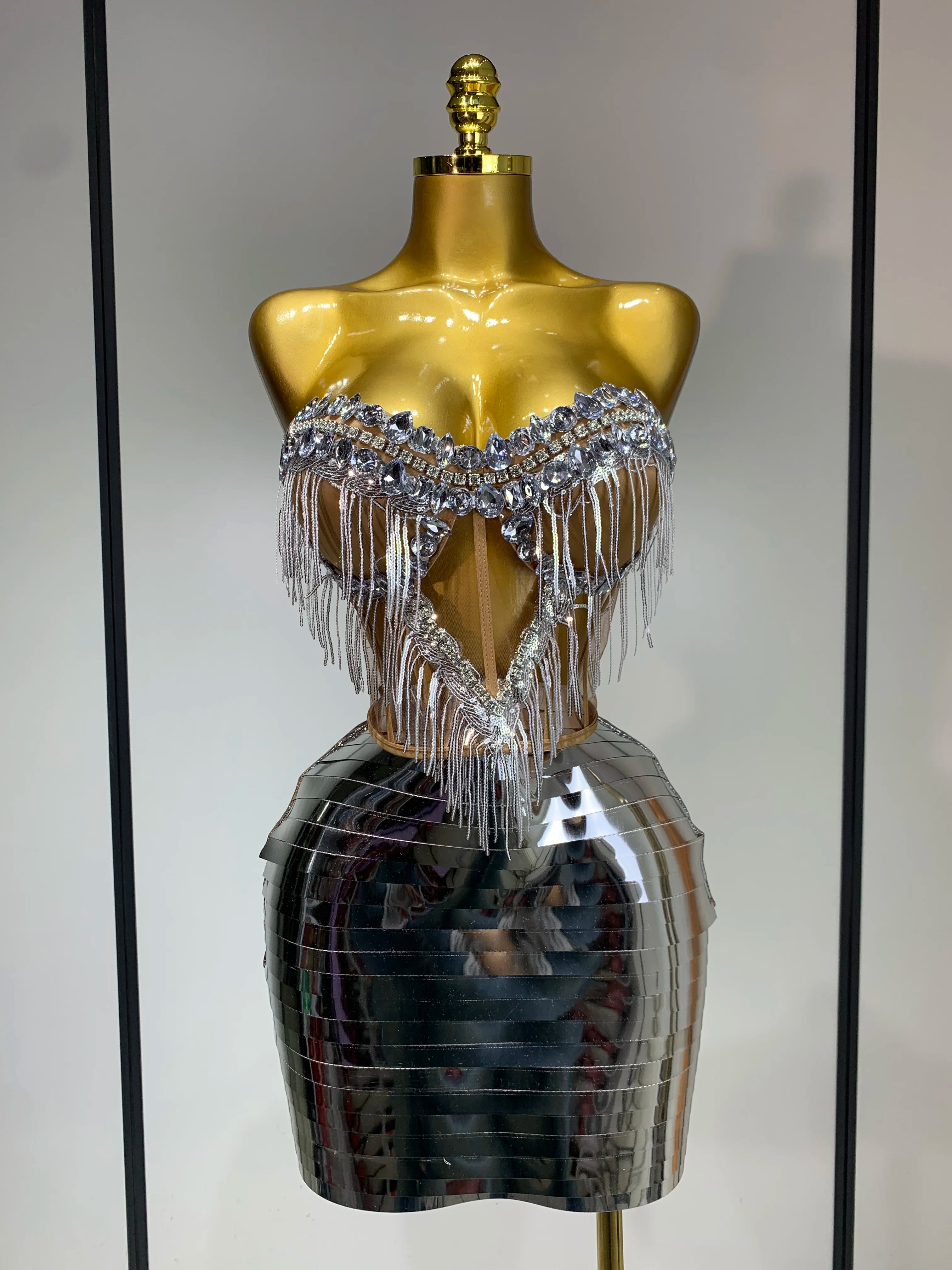 Sparkly Sliver Rhinstones tassels Top Skirt Two Piece Set Women Sexy Strapless Nightclub Birthday Evening Party Stage Outfit Silver