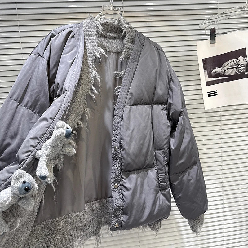 Winter New Sweet Fashion Button Knitted Collar Warm Jacket For Women Loose V-neck Loose Cotton-padded Coat 11A07666