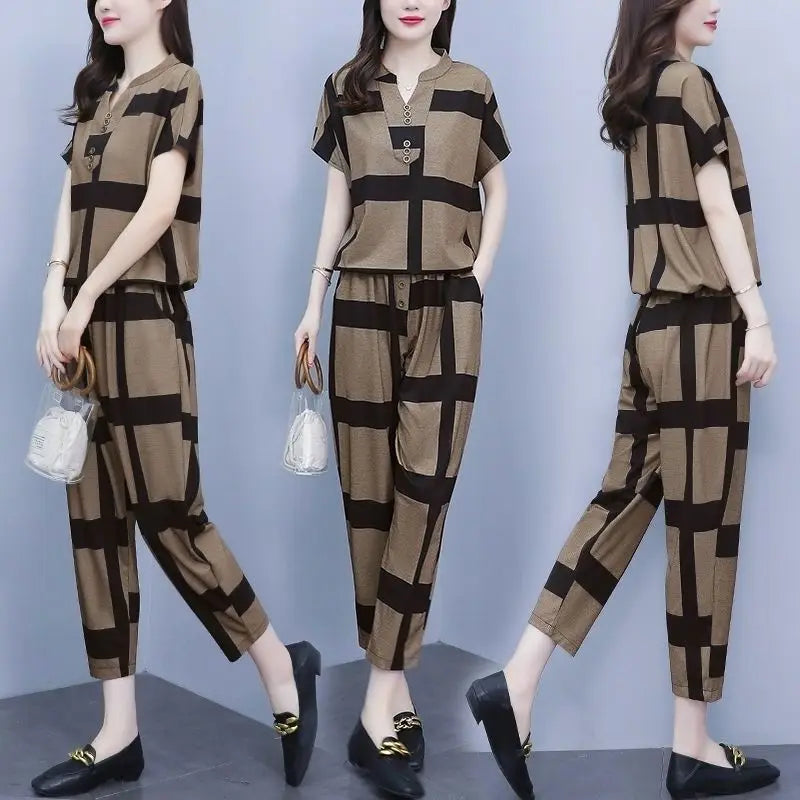 Women's Large Fashion Suit Spring Summer New Korean Casual Loose Plus Size Clothing Short Sleeve Tops Harun Pants Two Piece Sets Style B Brown