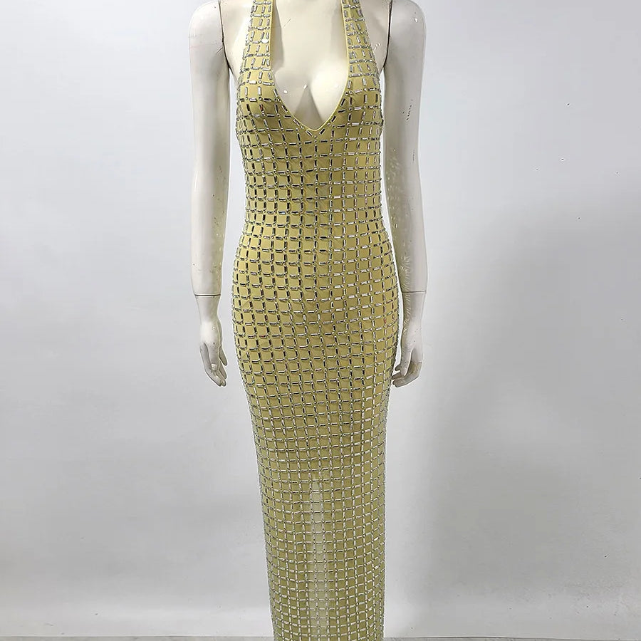 Super Sparkling Diamonds Sexy See Through Mesh V-Neck Sheath Ankel Length Dress Fashion Woman Party Dress Birthday Party Outfit Yellow