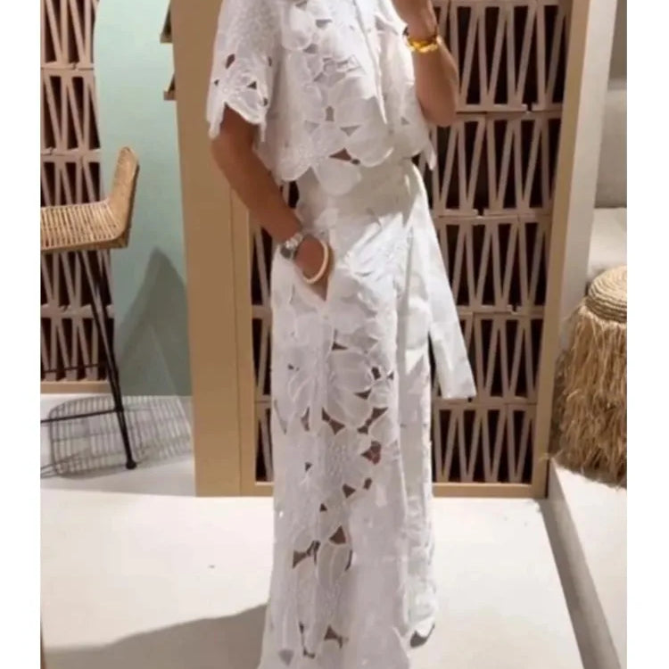 Sexy Lapel Single-breasted Shirt Top + Wide-leg Pants 2-piece Set Women Fashion Solid Color Elegant Casual Hollow Suit Female