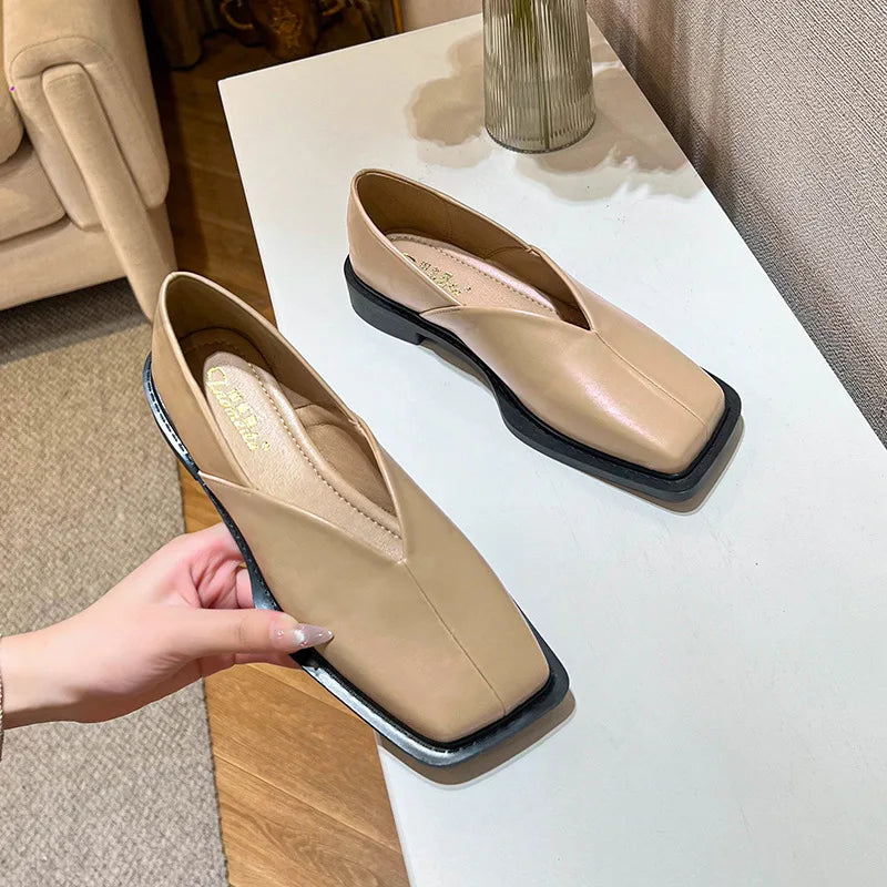 New spring women's outerwear shoes Square toe design Mary Jane shoes Women's casual low-heeled shoes Work boat shoes 41-43 Khaki