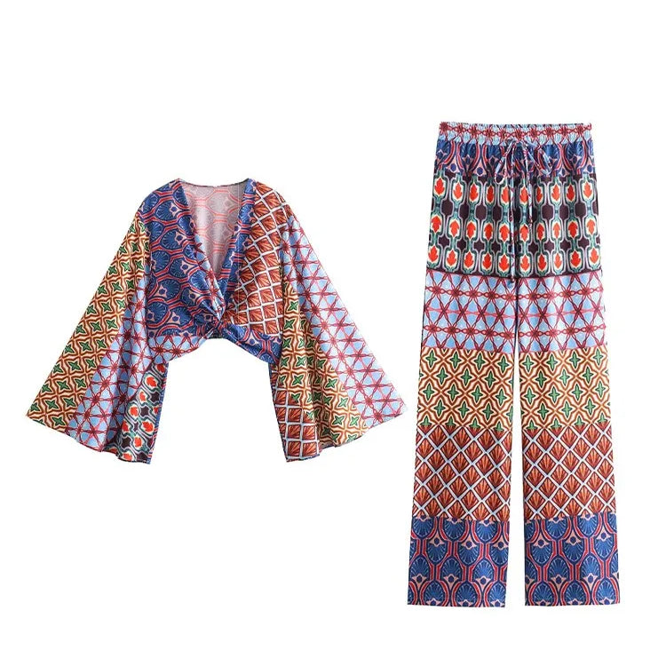 Aonibeier Printed Women Slim Shirt Wide Pants Suits Traf Summer Flare Sleeve Knot Front V Neck Crop Top Female Sets Y2K Outfits Two Piece Sets