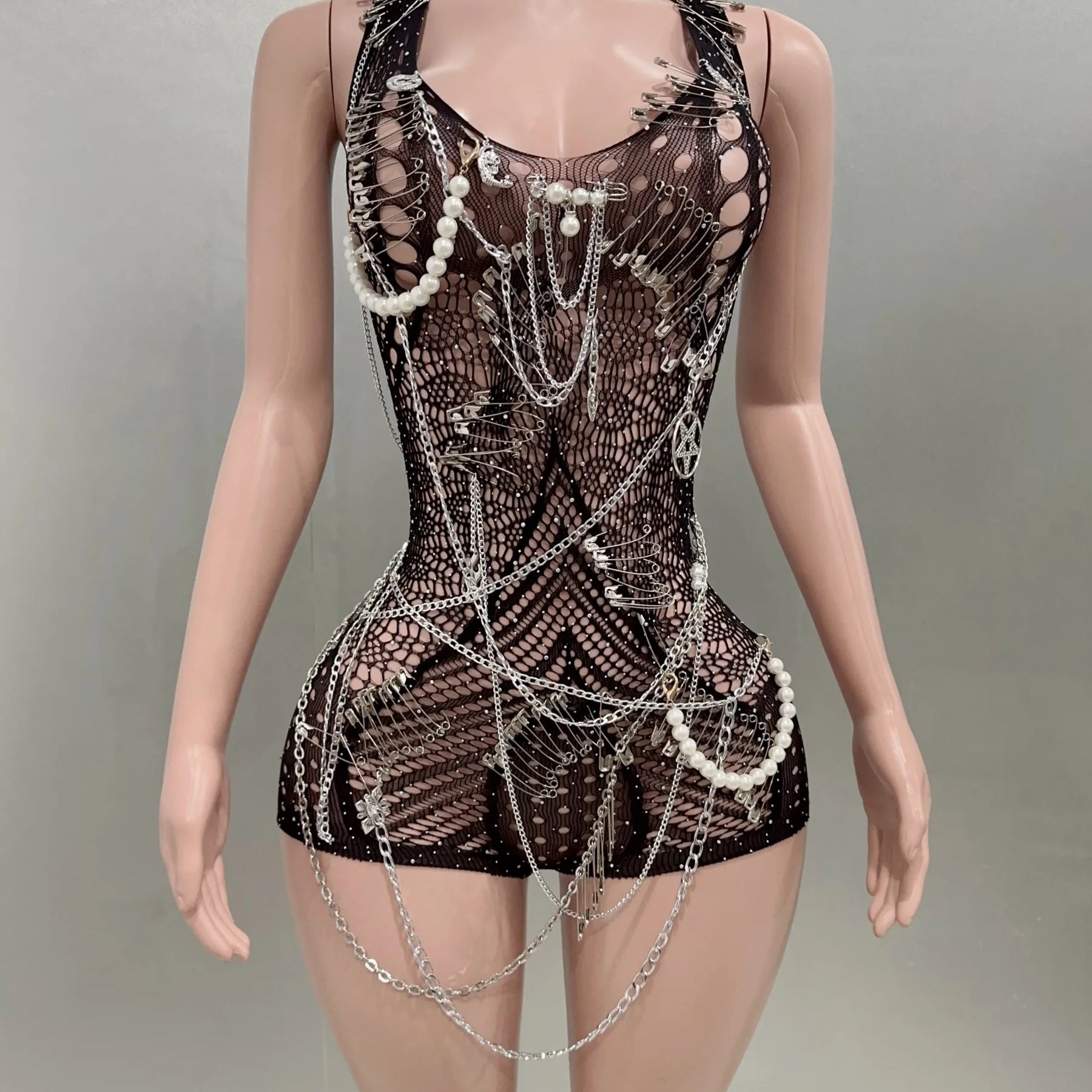 Celebrity Fashion Nightclub Party Birthday Wear Women Sexy Mesh See Through Bodycon Beading Playsuit Performance Costume black