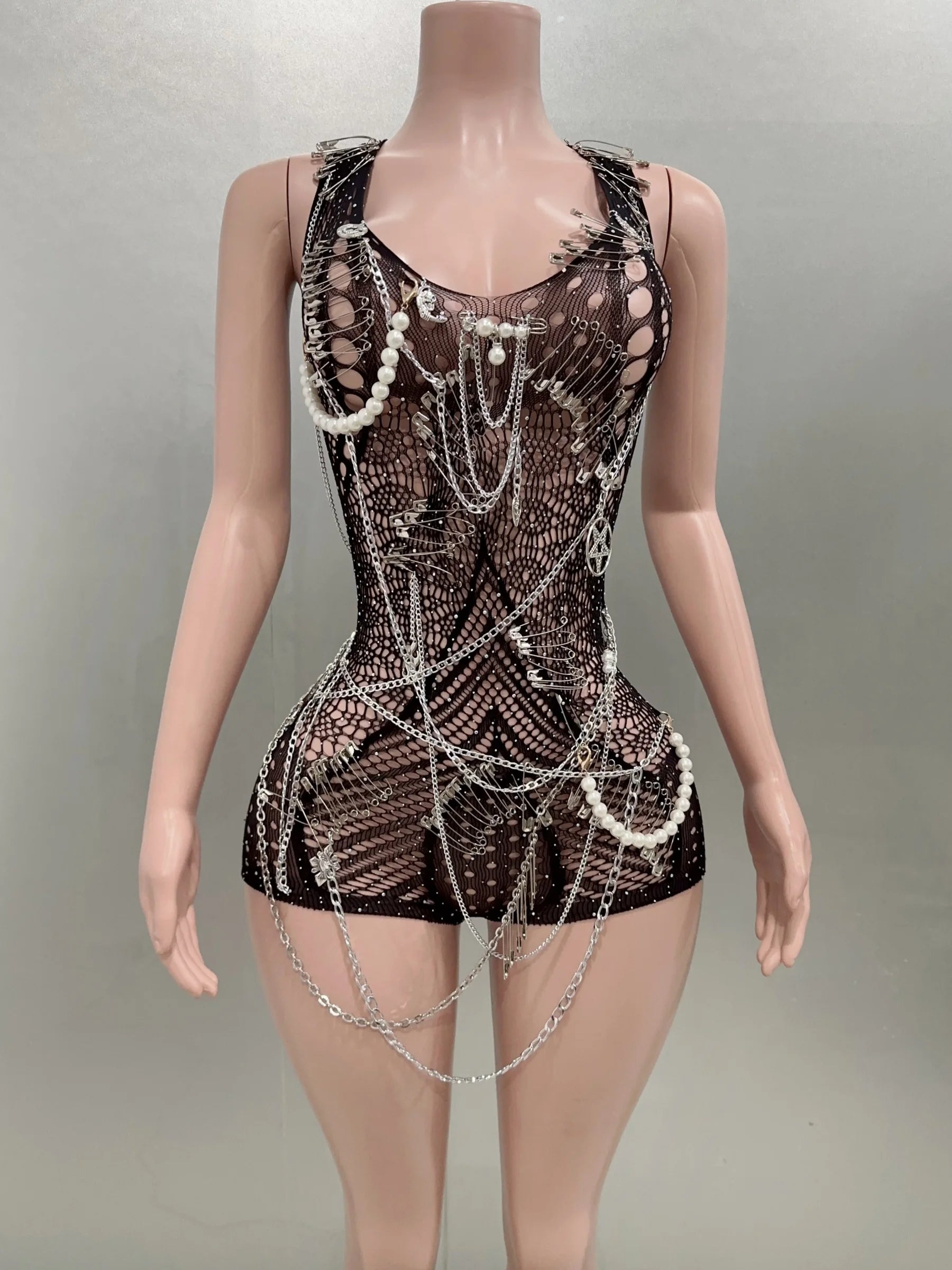 Celebrity Fashion Nightclub Party Birthday Wear Women Sexy Mesh See Through Bodycon Beading Playsuit Performance Costume black
