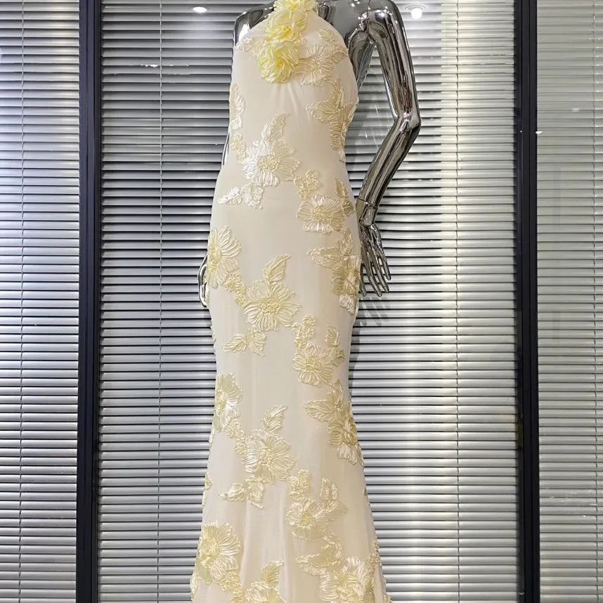 Women Sexy Halter Backless Bodycon Long Dress Florals Fashion Celebrate Birthday Party Evening Dress Outfit