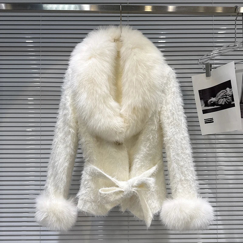 Winter New Fashion Fox Fur Collar Lace-up Waist Cotton Liner Coat For Women High Quality Jacket Female 11A07778 White