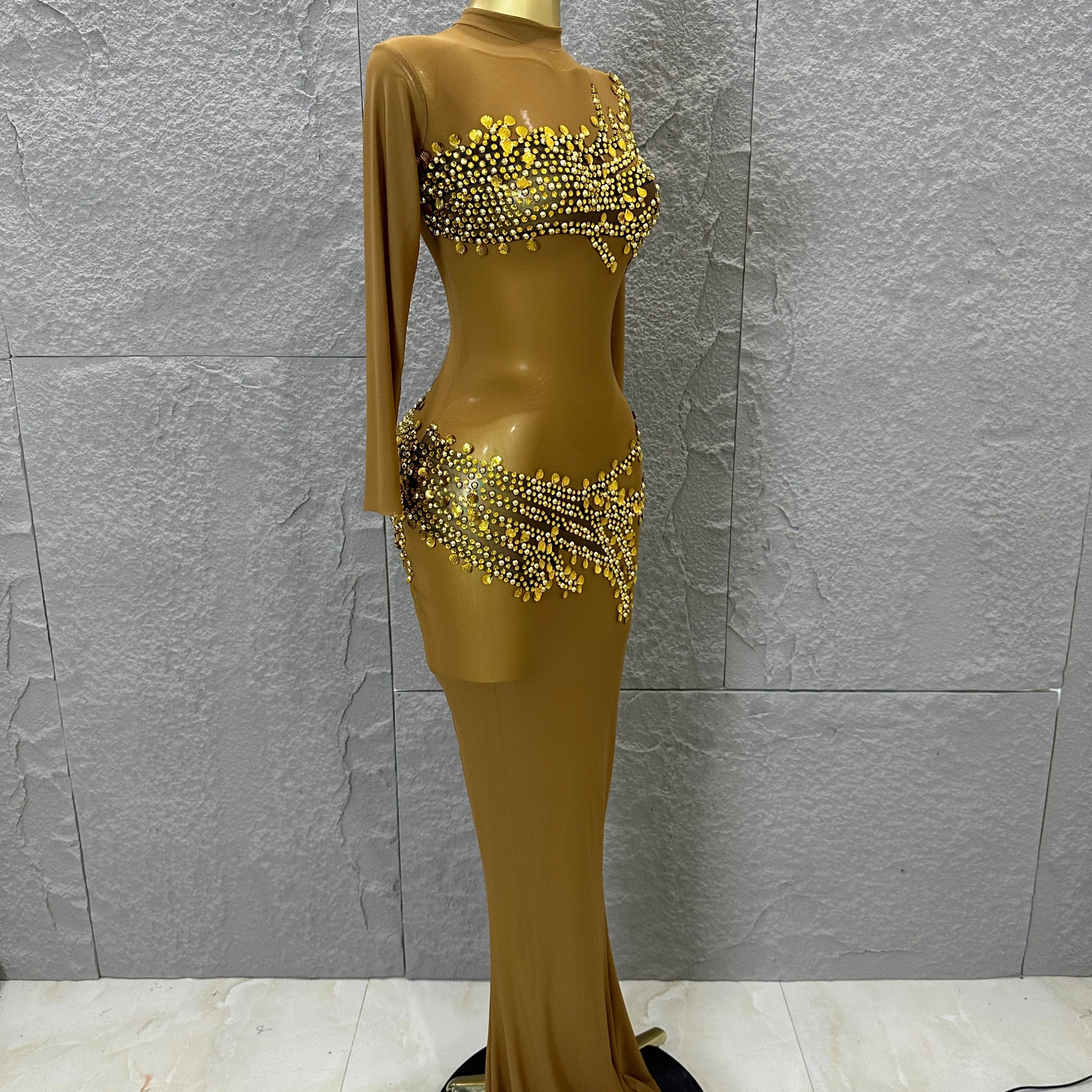 Sexy 2026 Black Sheer Mesh Maxi Dress Women Long Sleeve High Neck Red Rhinestone Embellished Bodycon Stage Costume