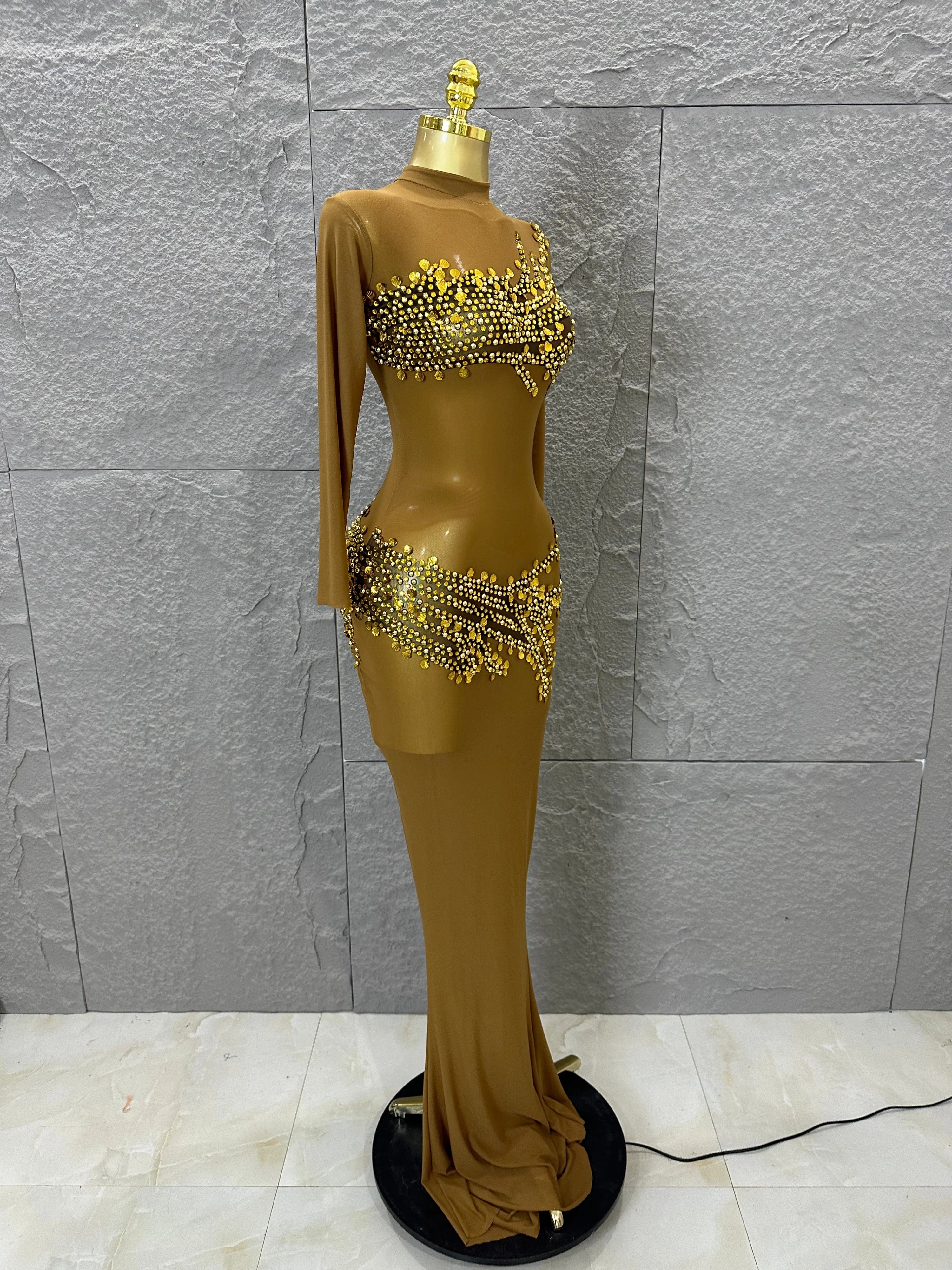 Sexy 2026 Black Sheer Mesh Maxi Dress Women Long Sleeve High Neck Red Rhinestone Embellished Bodycon Stage Costume