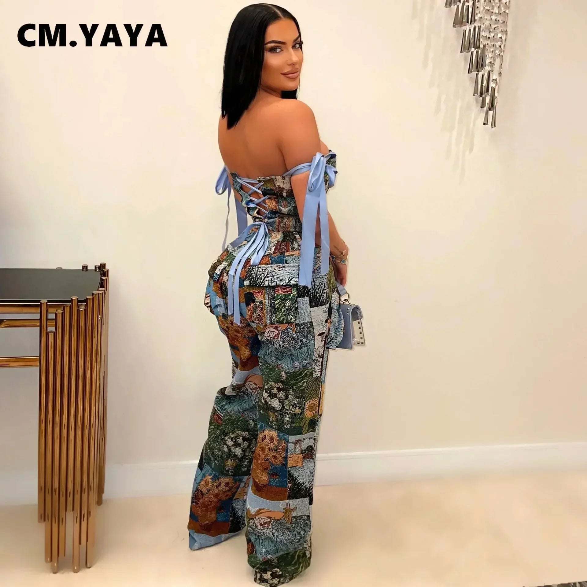 CM.YAYA Oil Painting Printed Women's Set Lace Up Back Crop Top and Pants Suit 2024 Fall Winter Two 2 Piece Sets Outfit Tracksuit
