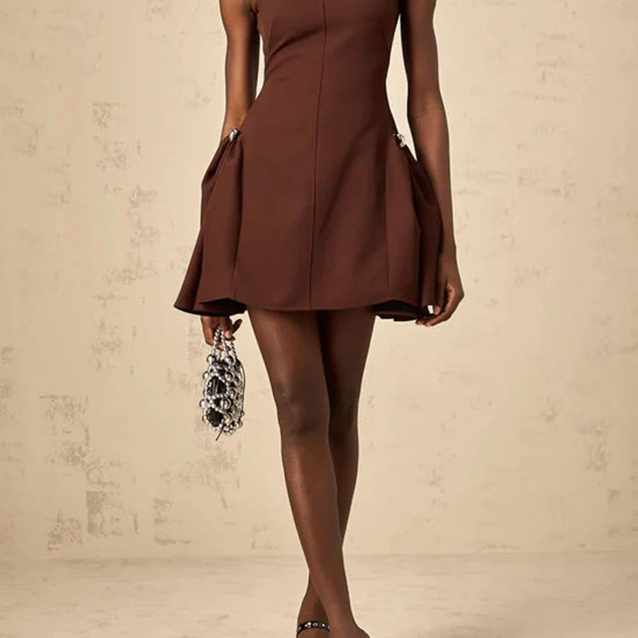 Solid Slimming Elegant Mini Dresses for Women Round Neck Sleeveless Patchwork Folds Tunic Dress Female Clothing New BROWN