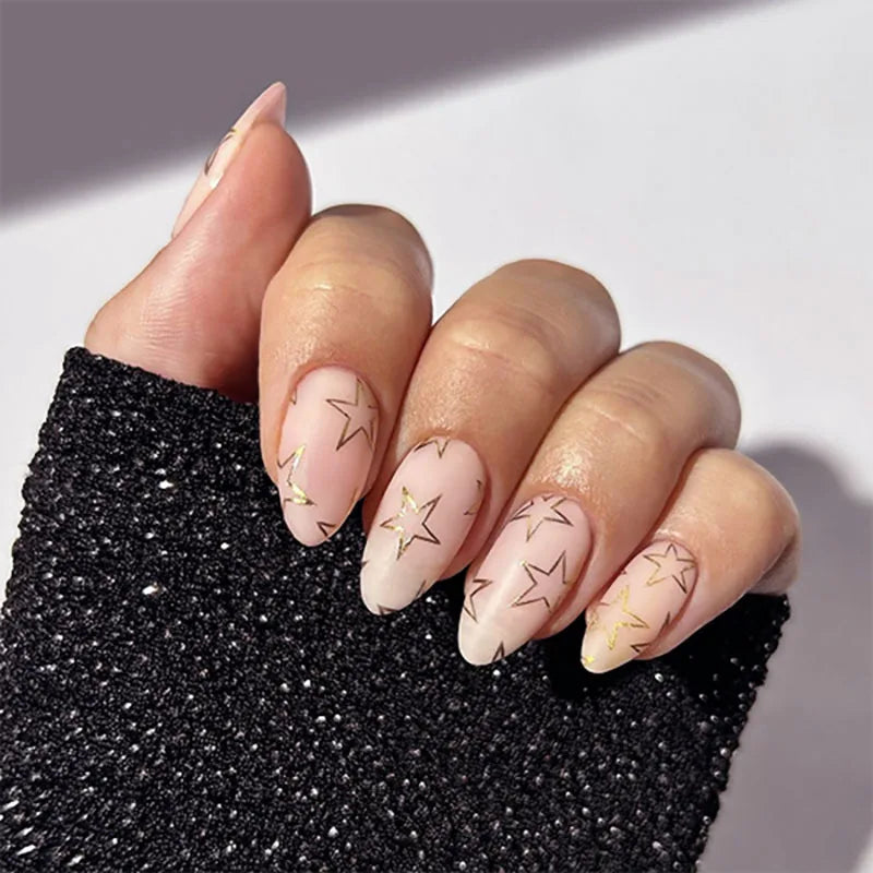 24Pcs Short Almond Nails Set Press on Simple Shell Starfish Design False Nails Detachable Artificial Full Cover Fake Nails Tips JP3693
