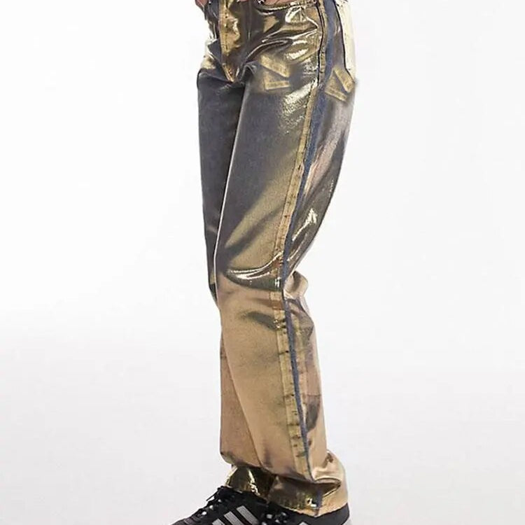 ZHYMIHRET Gold Stamping Straight Jeans For Women 2024 Autumn Winter Metallic Denim High Waist Pants Streetwear Y2K Clothing