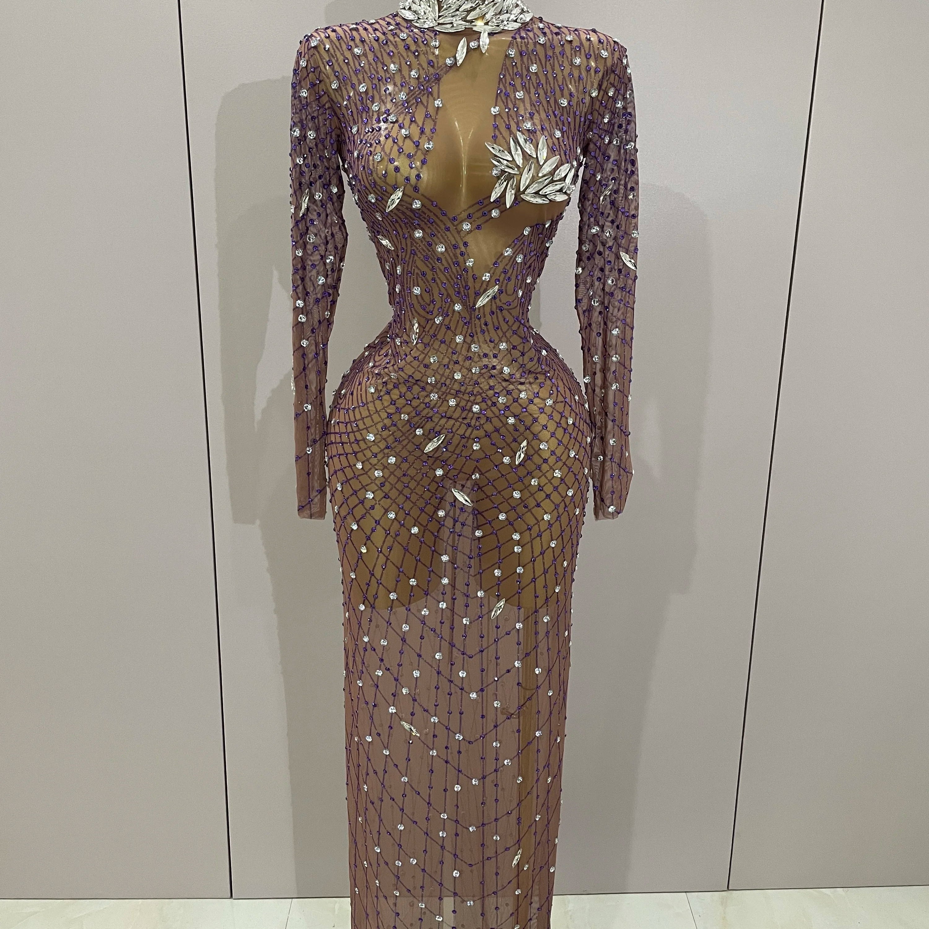 Shining Rhinestones Sexy Mesh See Through Long Dress Women Birthday Celebrate Evening Singer Show Stage Wear Photo Shoot Dress Dark Brown