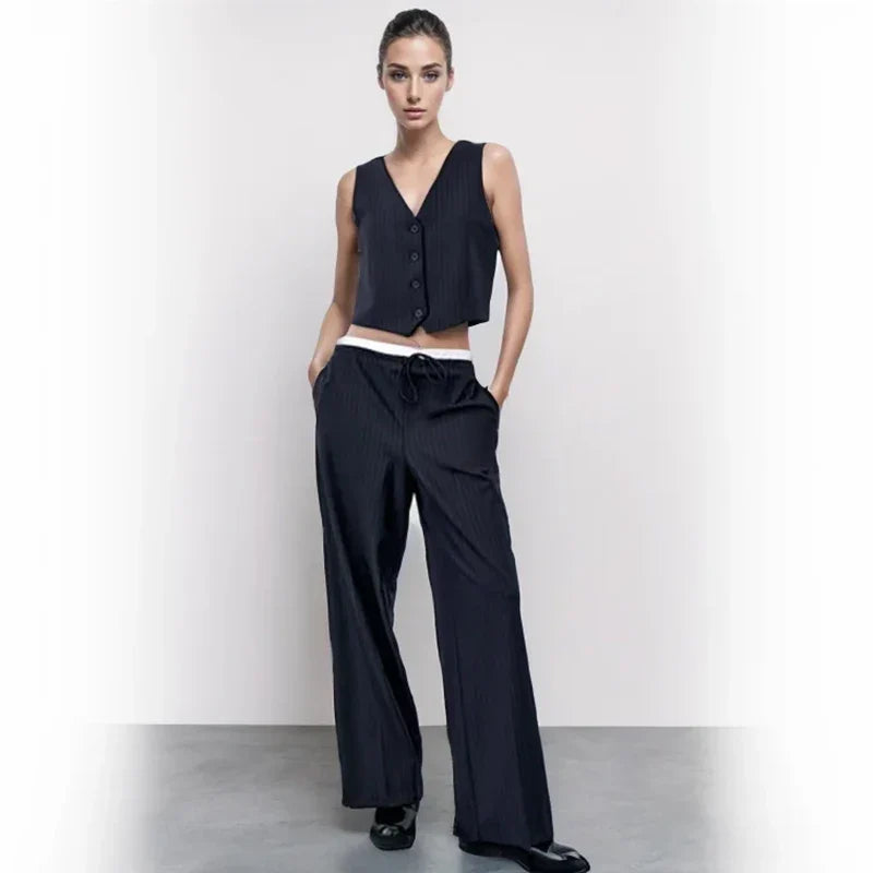 Women's Pants Set Summer New 2-piece Set Slim V-Necked Elastic Waist Pants Suit Chic Street Leisure Holiday Suit