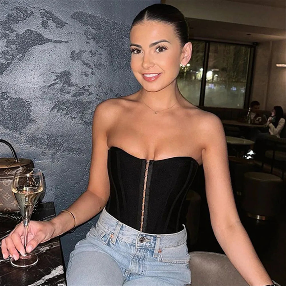 2023 New Summer Women Sexy Strapless Bodycon Short Bandage Tops Laced Up Club Night Party Wear High Quality black