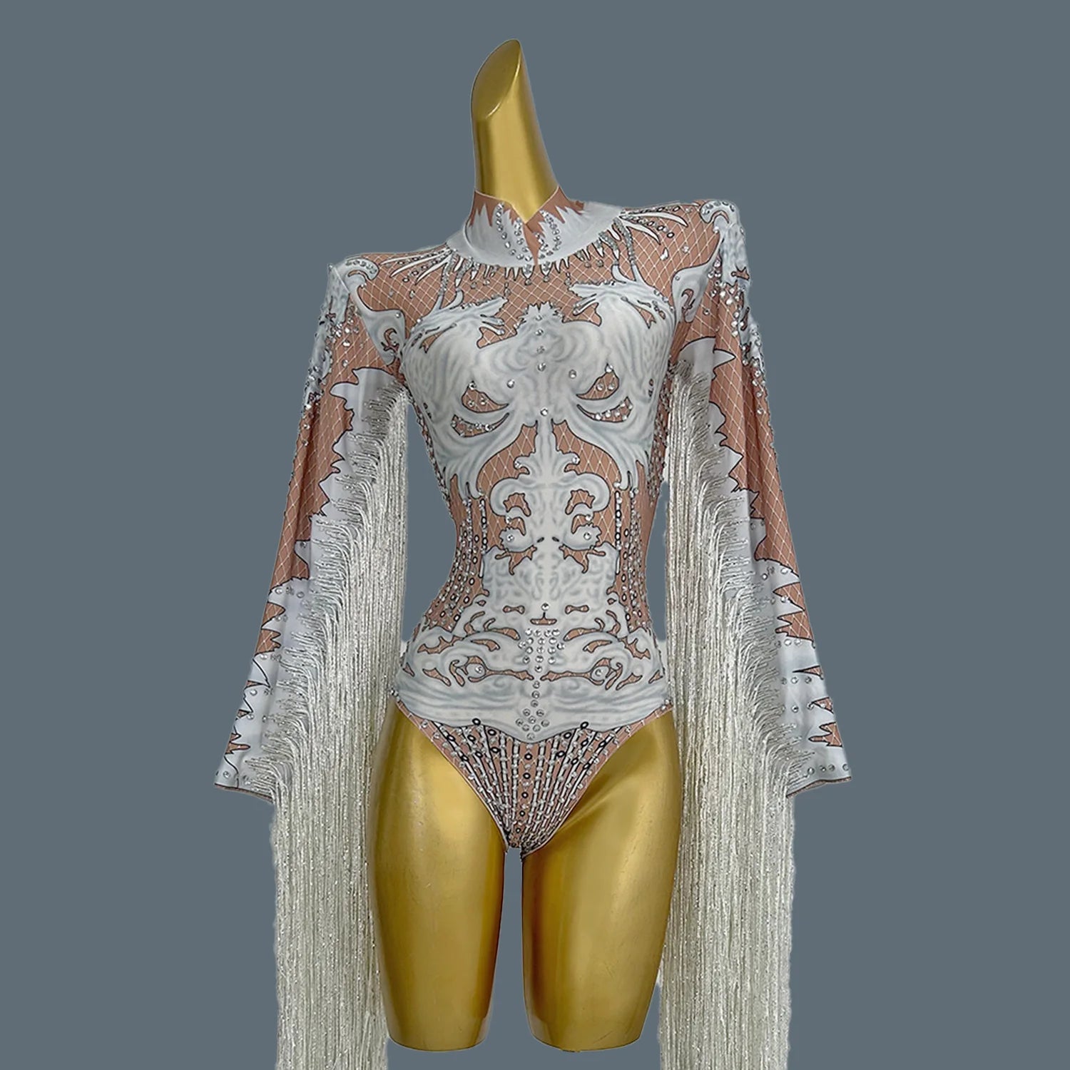 Fashion Print Rhinestone Tassel Rompers Ladies Short Bodysuit Slim Fit Show Dance Leotard Women Stage Performance Jumpsuit Tiane WHITE One Size